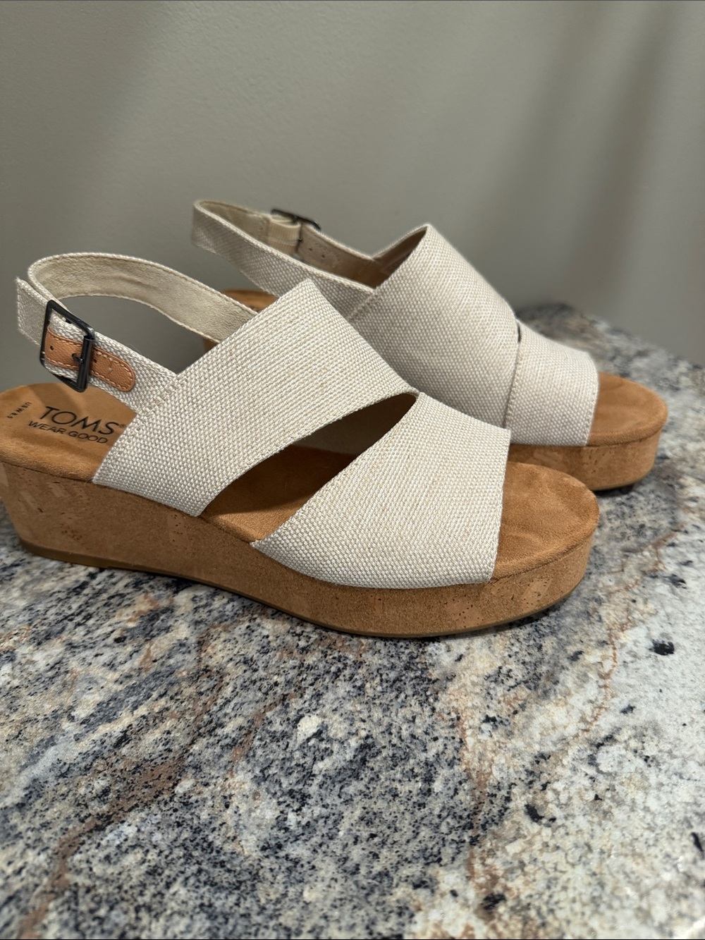 TOMS Cream Canvas Crossband Slingback Wedges